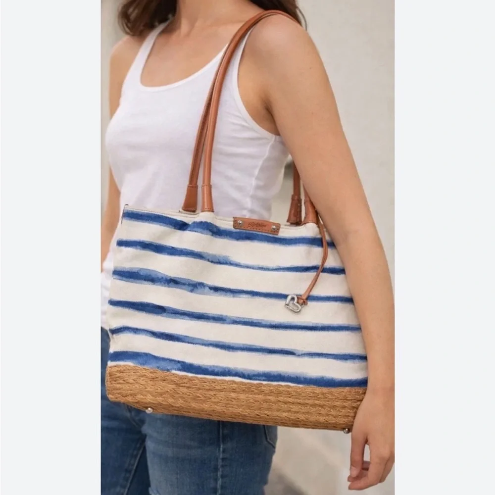 Brighton Espadrille Blue and White Striped Nautical Tote with Tan Handles - Picture 2 of 16